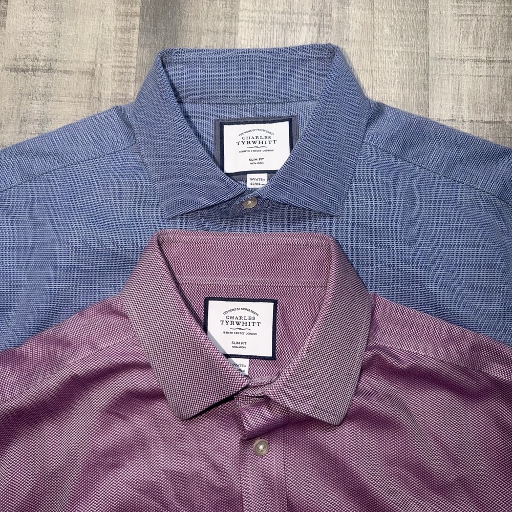 Charles Tyrwhitt  Dress Shirt Mens 16.5 33 Micro Geometric Slim Fit Non-Iron